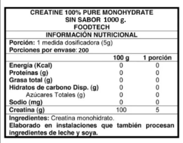Creatine 100% Pure Monohydrate 1Kg Foodtech sin sabor